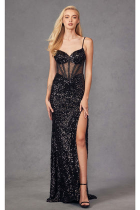 Fitted Sequin Sleeveless Corset Gown with Slit by Juliet JT2474U