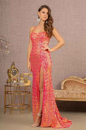 Fitted Sequin Slit Gown by Elizabeth KGL3127