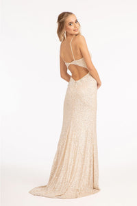 Fitted Sequin Slit Gown by Elizabeth K GL3023 - Long Formal Dresses