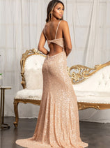 Fitted Sequin Slit Gown by Elizabeth K GL3023