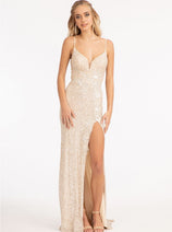 Fitted Sequin Slit Gown by Elizabeth K GL3023