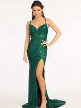 Fitted Sequin Slit Gown by Elizabeth K GL3023