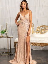 Fitted Sequin Slit Gown by Elizabeth K GL3023