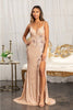 Fitted Sequin Slit Gown by Elizabeth K GL3023 - XS / Rose Gold - Long Formal Dresses