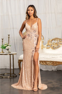 Fitted Sequin Slit Gown by Elizabeth K GL3023 - XS / Rose Gold - Long Formal Dresses