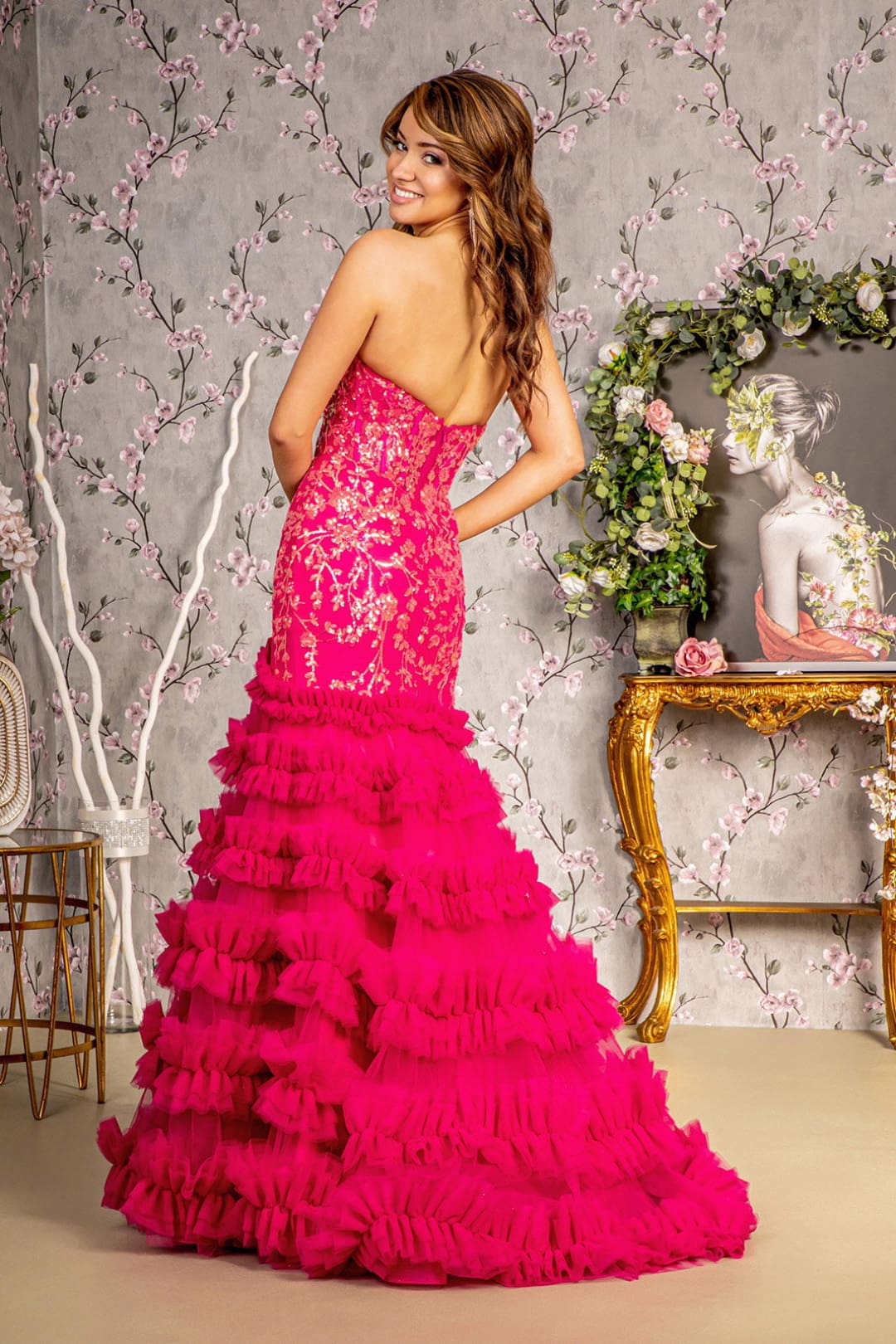 Fitted Sequin Strapless Ruffled Slit Gown by GLS Gloria GL3315 - Long Formal Dresses