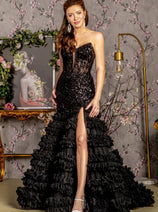 Fitted Sequin Strapless Ruffled Slit Gown by GLS Gloria GL3315