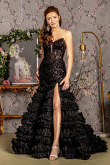 Fitted Sequin Strapless Ruffled Slit Gown by GLS Gloria GL3315 - XS / Black - Long Formal Dresses