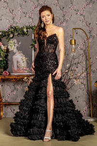 Fitted Sequin Strapless Ruffled Slit Gown by GLS Gloria GL3315 - XS / Black - Long Formal Dresses