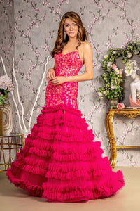 Fitted Sequin Strapless Ruffled Slit Gown by GLS Gloria GL3315 - XS / Fuchsia - Long Formal Dresses