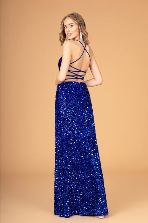 Fitted Sequin V-Neck Slit Gown by Elizabeth K GL3080 - Long Formal Dresses