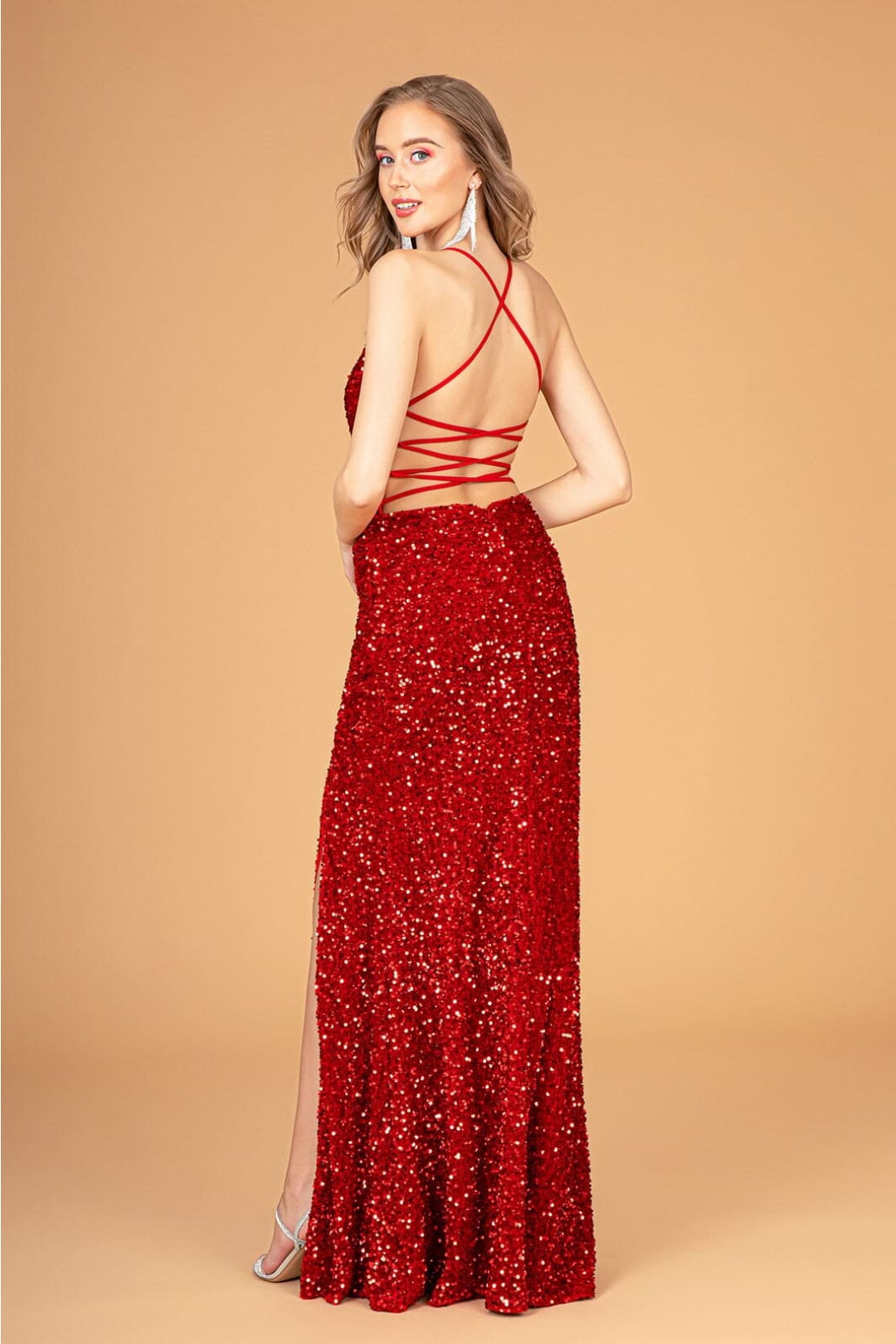 Fitted Sequin V-Neck Slit Gown by Elizabeth K GL3080 - Long Formal Dresses