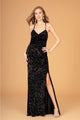 Fitted Sequin V-Neck Slit Gown by Elizabeth K GL3080 - XS / Black - Long Formal Dresses