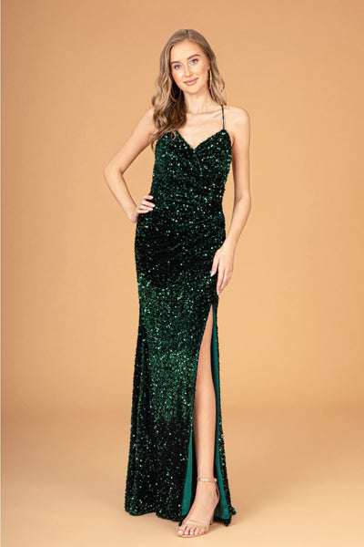 Fitted Sequin V-Neck Slit Gown by Elizabeth K GL3080 - XS / Green - Long Formal Dresses
