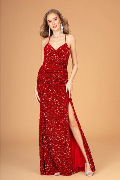 Fitted Sequin V-Neck Slit Gown by Elizabeth K GL3080 - XS / Red - Long Formal Dresses