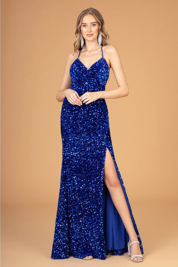 Fitted Sequin V-Neck Slit Gown by Elizabeth K GL3080 - XS / Royal Blue - Long Formal Dresses
