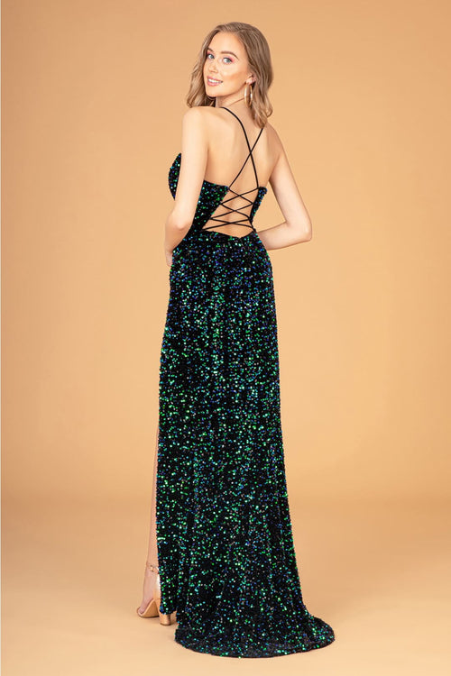 Fitted Sequin Velvet Slit Gown by Elizabeth K GL3081 - Long Formal Dresses