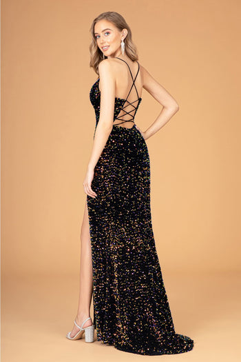 Fitted Sequin Velvet Slit Gown by Elizabeth K GL3081 - Long Formal Dresses