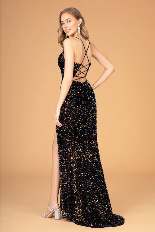 Fitted Sequin Velvet Slit Gown by Elizabeth K GL3081 - Long Formal Dresses