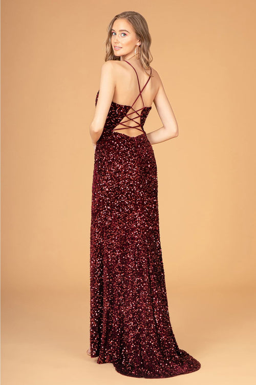 Fitted Sequin Velvet Slit Gown by Elizabeth K GL3081 - Long Formal Dresses