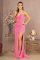 Fitted Sequin Velvet Slit Gown by Elizabeth K GL3145 - XS / Hot Pink - Long Formal Dresses