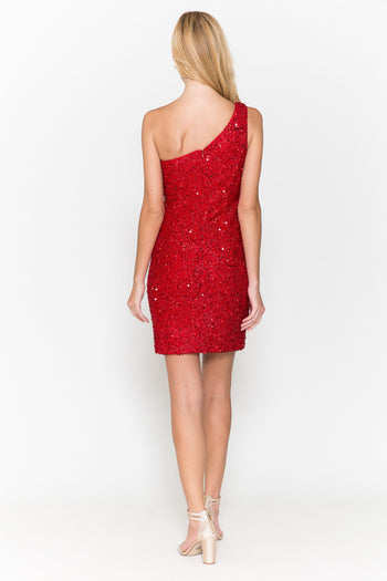 Vestido corto ajustado de lentejuelas con un solo hombro de Poly USA 8804