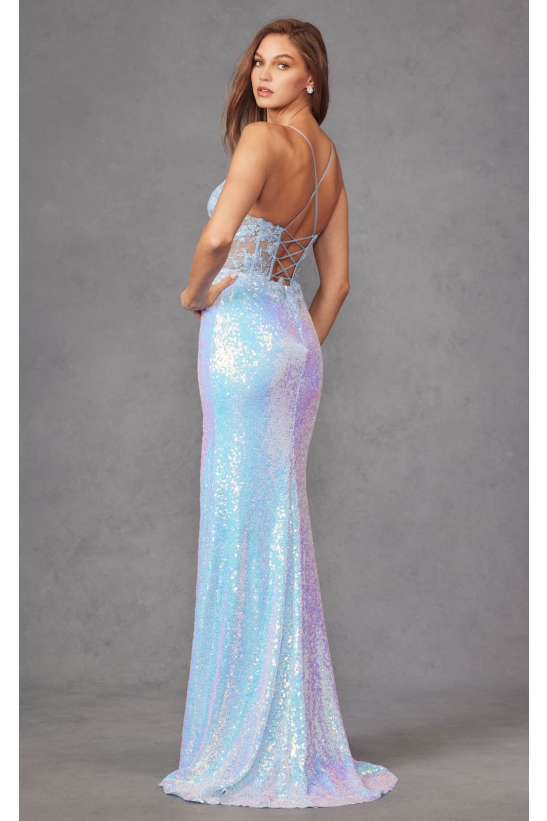 Fitted Sleeveless Sequin Gown with Applique and Slit by Juliet JT2433A - Dress