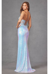 Fitted Sleeveless Sequin Gown with Applique and Slit by Juliet JT2433A - Dress