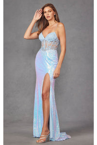 Fitted Sleeveless Sequin Gown with Applique and Slit by Juliet JT2433A - Dress