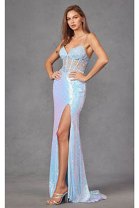 Fitted Sleeveless Sequin Gown with Applique and Slit by Juliet JT2433A - Dress