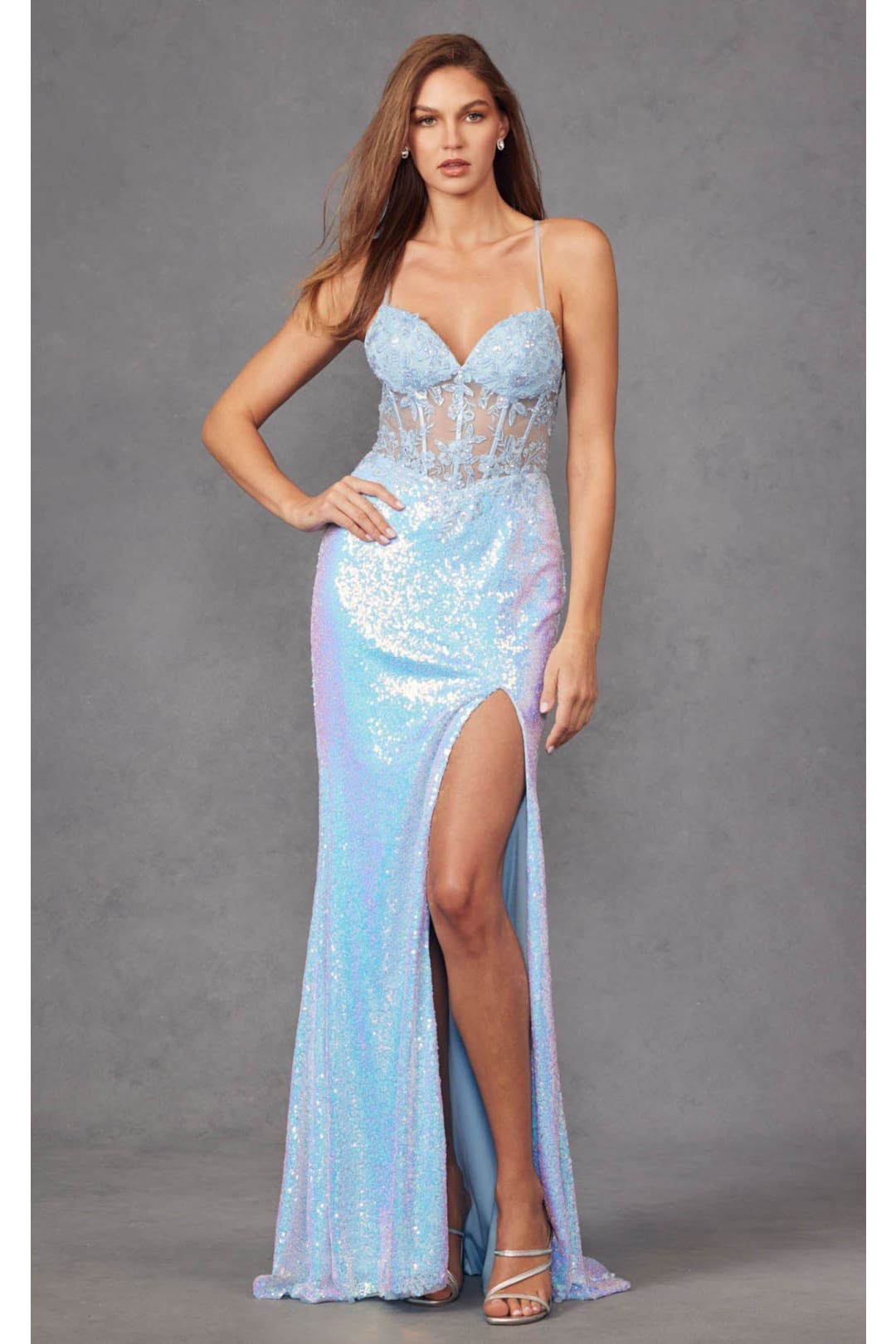 Fitted Sleeveless Sequin Gown with Applique and Slit by Juliet JT2433A Fitted Sleeveless Sequin Gown with Applique and Slit by Juliet JT2433A