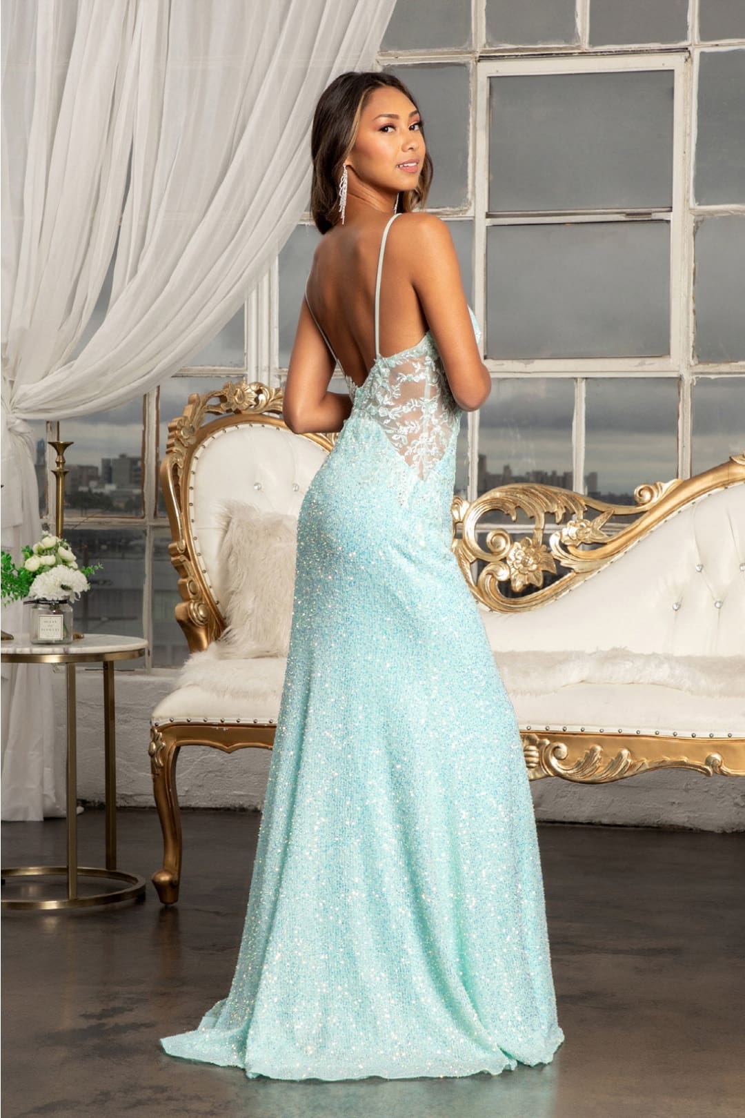 Fitted Sleeveless Sequin Slit Gown by Elizabeth K GL3029 - Long Formal Dresses