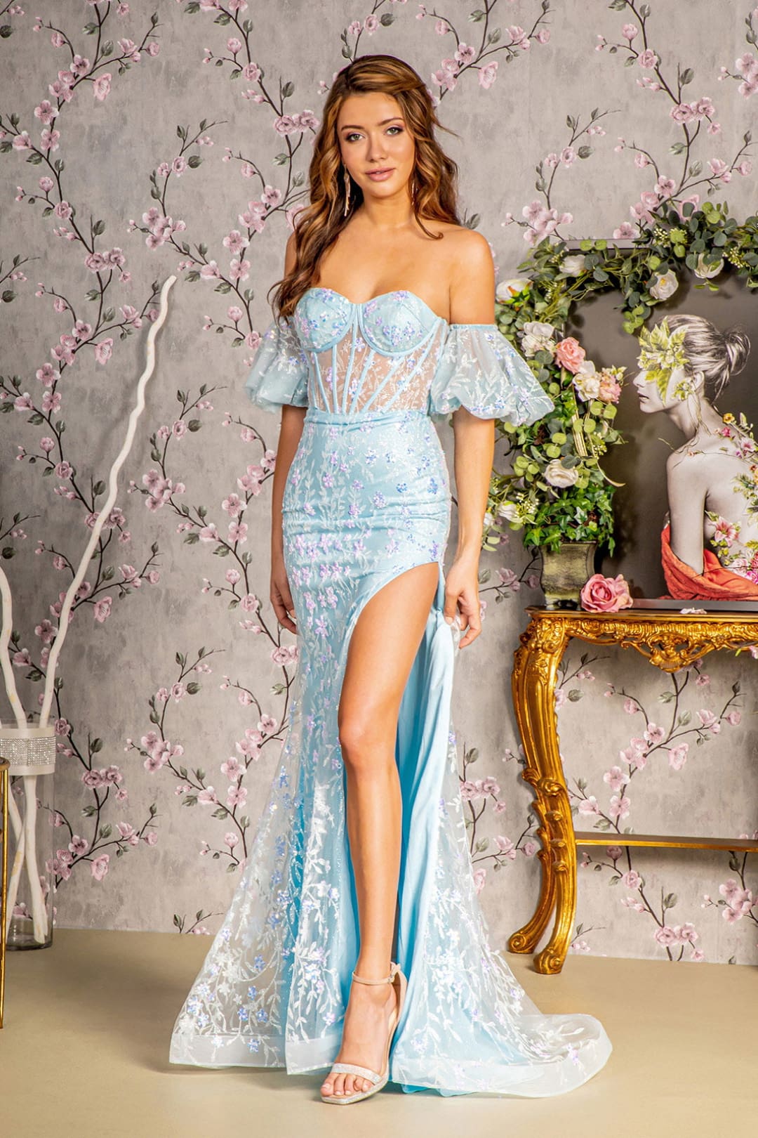 Fitted Strapless Puff Sleeve Slit Gown by GLS Gloria GL3247 - XS / Baby Blue - Long Formal Dresses