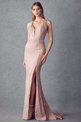 Juliet 237 Fitted Strappy Back Glitter Gown with V-Neck Neckline