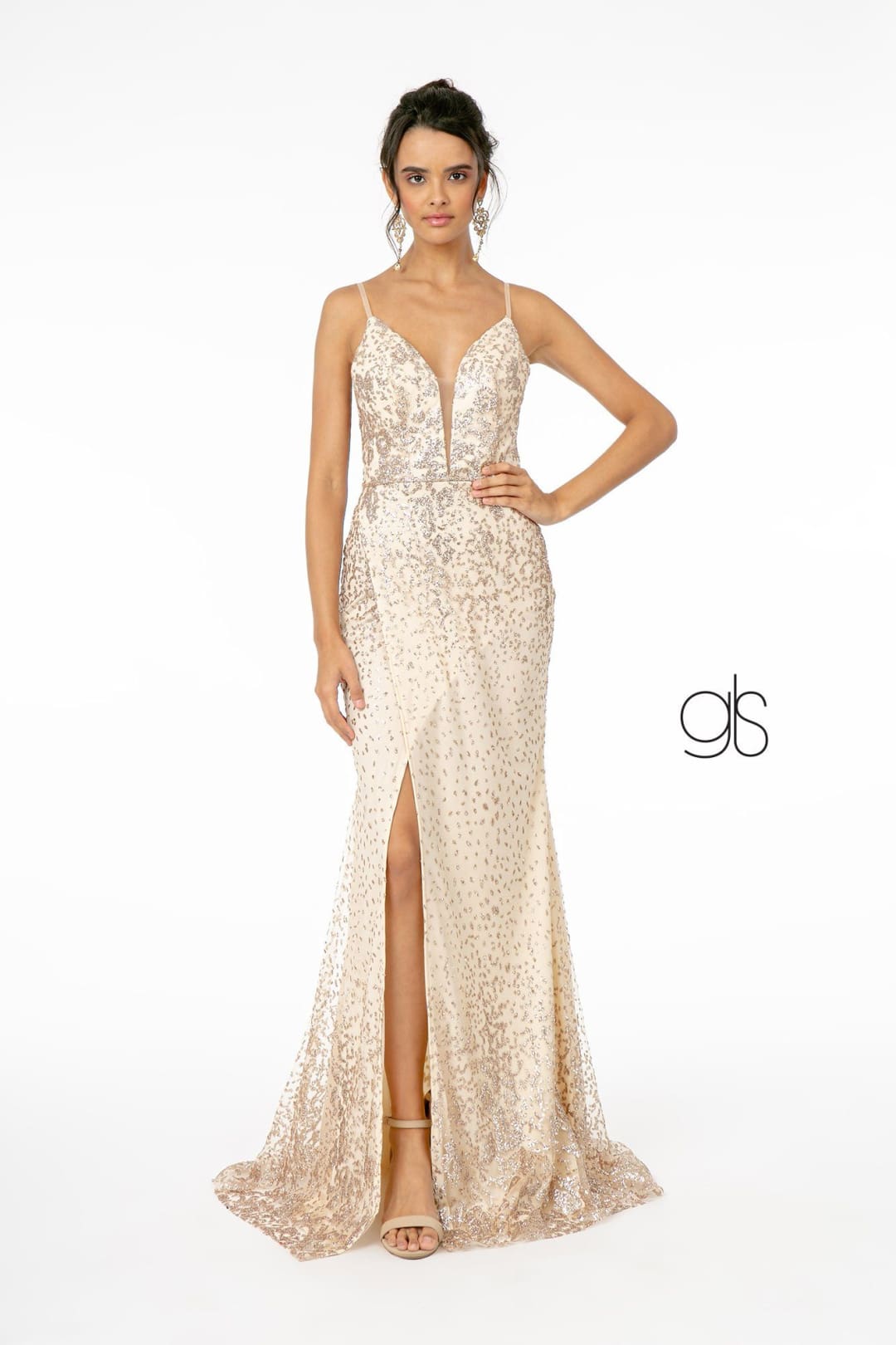 Fitted V-Neck Glitter Gown by Elizabeth K GL1844 - XS / Light Gold - Long Formal Dresses