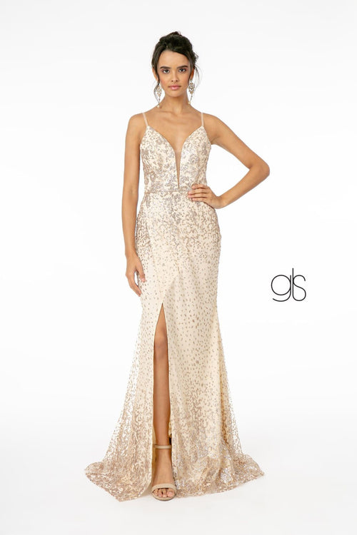 Fitted V-Neck Glitter Gown by Elizabeth K GL1844 - XS / Light Gold - Long Formal Dresses