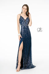 Fitted V-Neck Glitter Gown by Elizabeth K GL1844 - XS / Navy - Long Formal Dresses