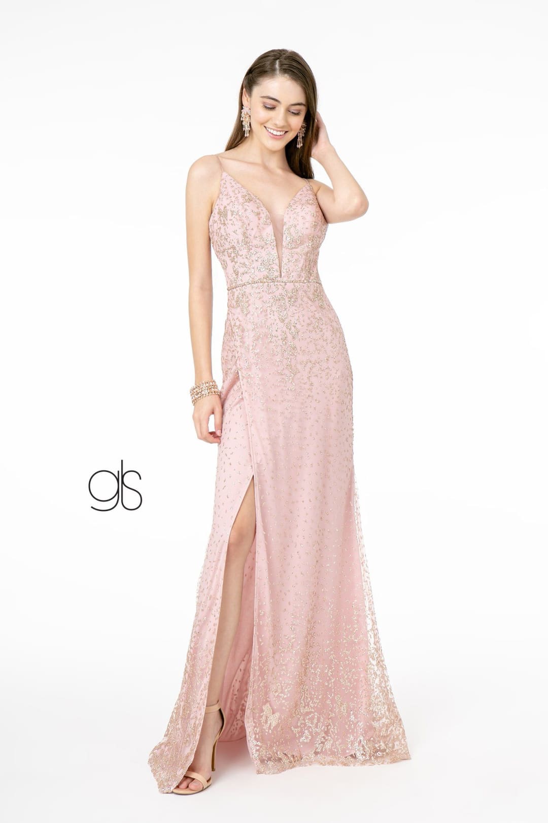 Fitted V-Neck Glitter Gown by Elizabeth K GL1844 - XS / Rose Gold - Long Formal Dresses