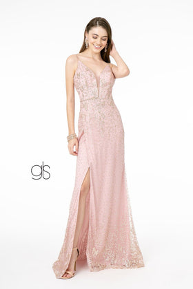 Glitter Mesh V-Neck Gown by Elizabeth KGL1844