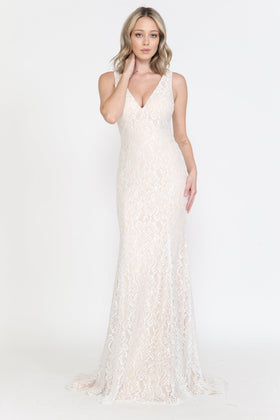 Poly USA 8496 Fitted V-Neck Lace Wedding Gown