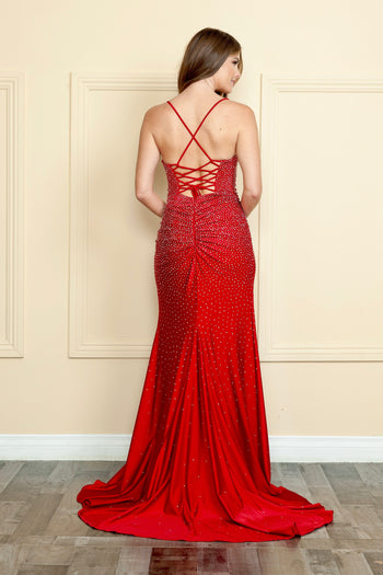 Vestido ajustado con escote en V y diamantes de imitación de Poly USA 9144