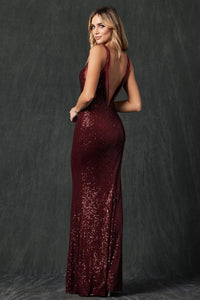 Fitted V-Neck Sequin Gown with Sheer Detail by Juliet 264 - Dress