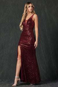 Fitted V-Neck Sequin Gown with Sheer Detail by Juliet 264 - Dress