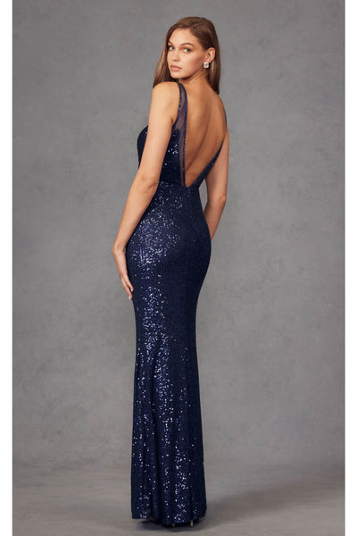 Fitted V-Neck Sequin Gown with Sheer Detail by Juliet 264 - Burgundy / L - Dress