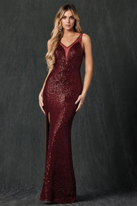 Fitted V-Neck Sequin Gown with Sheer Detail by Juliet 264 - Burgundy / XS - Dress