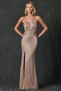 Fitted V-Neck Sequin Gown with Sheer Detail by Juliet 264 - Champagne / XS - Dress