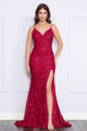 Poly USA 9102 Fitted V-Neck Sequin Slit Gown