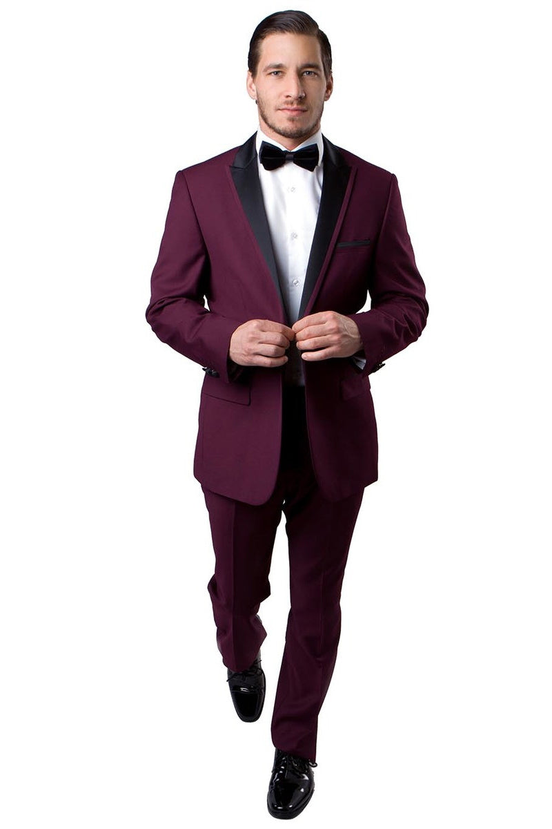 Esmoquin de corte entallado para hombre, con un botón y ribete de satén, solapa de pico, para graduación y boda, en burdeos
