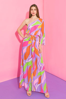 Flying Tomato 7637 Lavender One-Shoulder Printed Jumpsuit