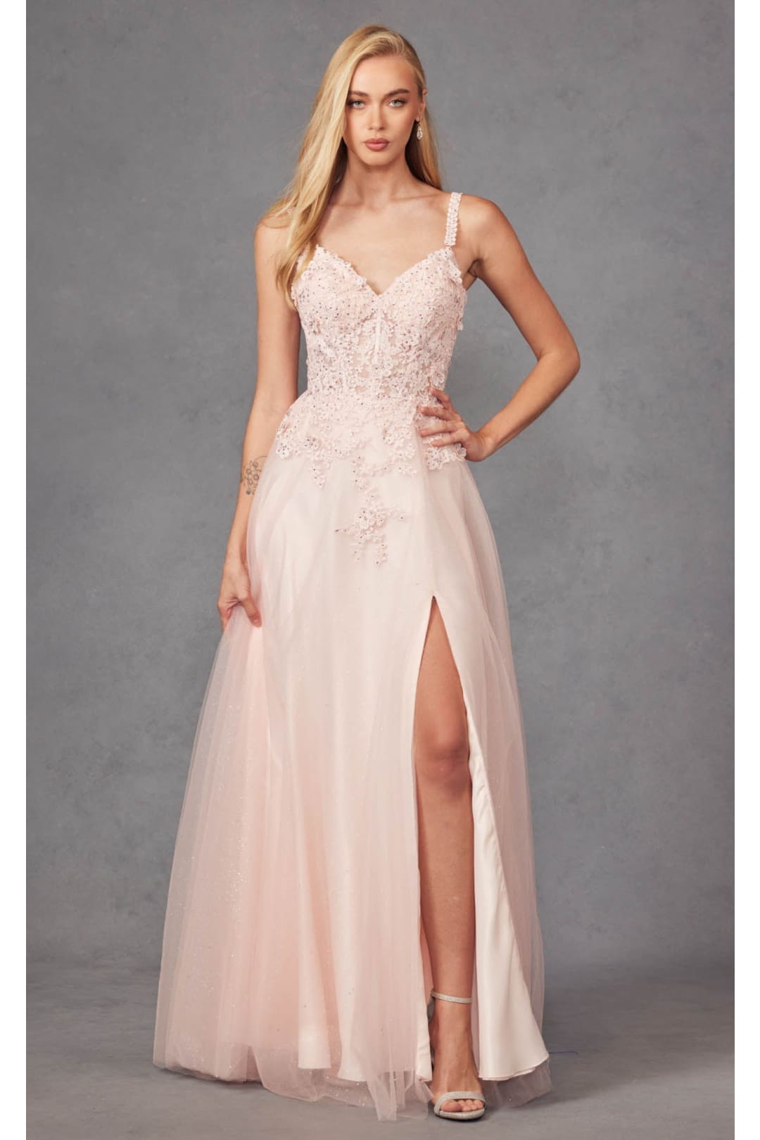 Floral Appliqu A-Line Gown by Juliet 283 Blush / L Floral Appliqu A-Line Gown by Juliet 283 Blush / L